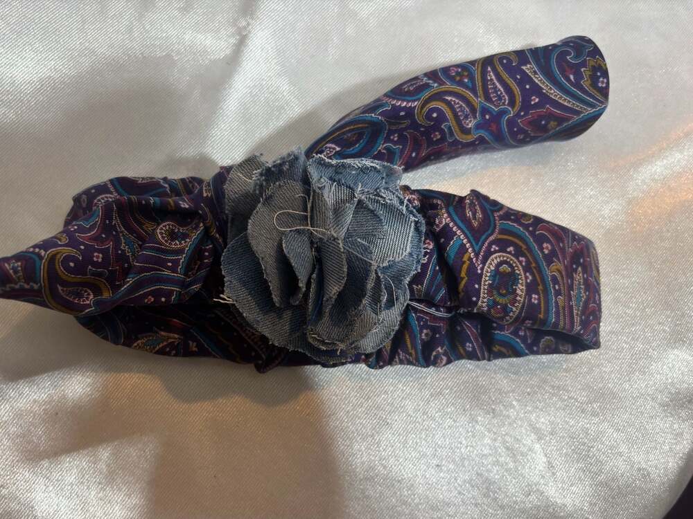 Silk upcycled tie Paisley Print Headband Set with Denim Flower Detail
